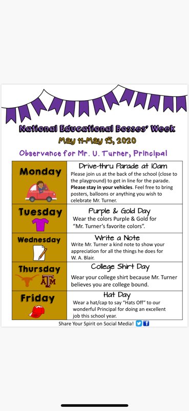 NikGran08934505's tweet photo. @BlairPanthers
@principalTurne1
Happy National Educational Bosses' Week Day 2
Purple & Gold Day!
#nationaleducationalbossesweek
#bestprincipal https://t.co/5AK0uVNUsQ
