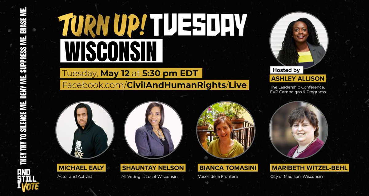 Graphic reads "Turn Up Tuesday, Wisconsin. Tuesday, May 12 at 5:30 p.m. ET" and includes a link to our Facebook page where the event will livestream. The graphic also includes images of the five participants.