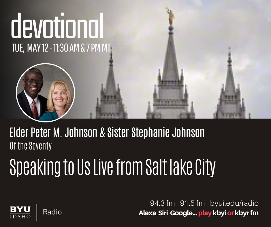 byuidahoradio's tweet photo. TUNE IN FOR DEVOTIONAL RE-BROADCAST on BYU-Idaho Radio 94.3, 91.5, 88.3 fm or https://t.co/SbINNyS9UU or https://t.co/7ClKXR8iKm. @byuidaho @byuidahoradio #byuidevotional #byuidahoradio #radio #byui #byuidaho #byuibound #byuilife #repost #share #lighttheworld #rexburg https://t.co/ry6J4QUa2h