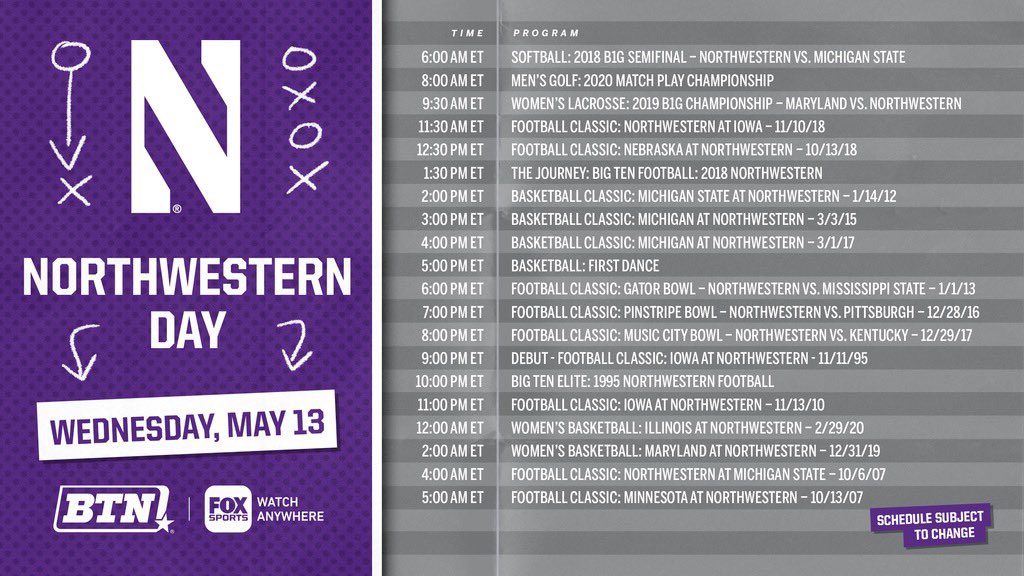 NUOnBTN's tweet image. Wednesday is Northwestern Day on BTN. 📺

For 24 hours, enjoy the best games and original programming with @NUFBFamily, @NUMensBball and more!