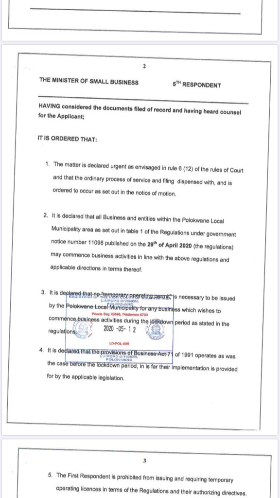 IsmailAbramjee's tweet photo. An important judgement in the Polokwane High Court today:
It is not necessary for traders to have a temporary municipal permit issued by the local council to trade during the lockdown period. 
Full judgement hereunder:
@Richard_Spoor @JohanLorenzen @gav148 https://t.co/0fQ9zcjlJR
