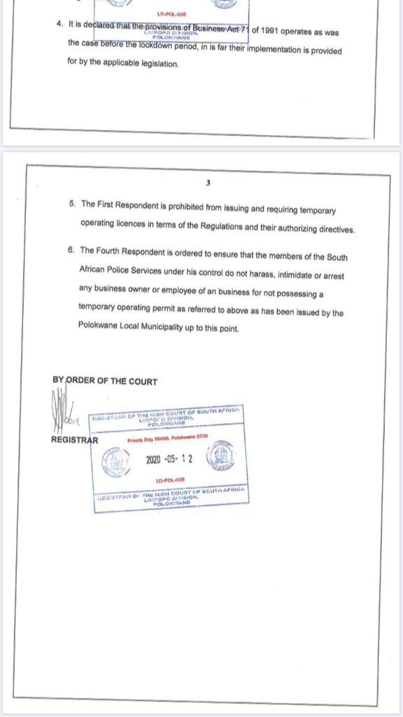 IsmailAbramjee's tweet photo. An important judgement in the Polokwane High Court today:
It is not necessary for traders to have a temporary municipal permit issued by the local council to trade during the lockdown period. 
Full judgement hereunder:
@Richard_Spoor @JohanLorenzen @gav148 https://t.co/0fQ9zcjlJR