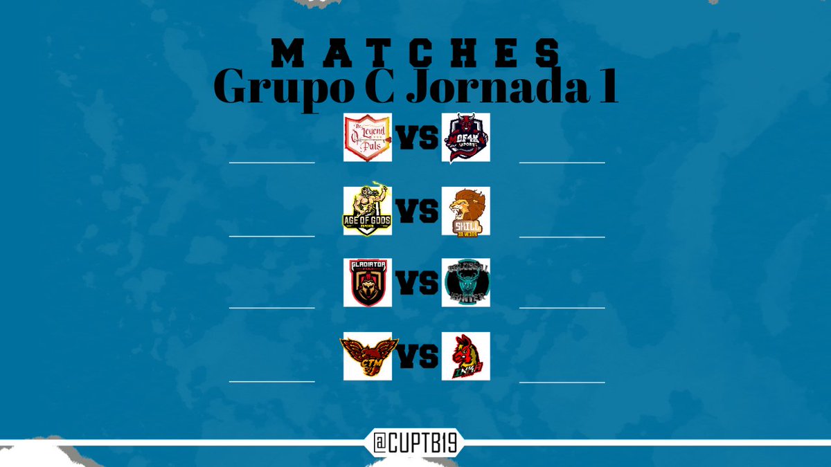 CUPTB19's tweet photo. GRUPO C JORNADA 1
@theleyendofpals vs @MDF4K4ESPORTS 
@AgeOfGodsESport vs @skill_veins 
@FireGladiators vs @Colossal_Hunter 
@Esports_CTM vs @InkaEsports 
Se jugará del 18 al 23 de Mayo.
Los horarios pone la Organización. Suerte. https://t.co/FSicOAoIAg