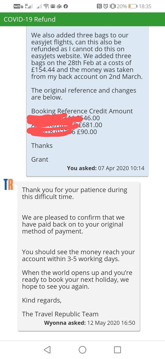 gdeve001's tweet photo. @TravelRepublic been pretty relaxed about this whole cancel and refund thing. But please answer questions asked rather than just copying and pasting. Can someone tell me if I need get my baggage I added after my TR booking refunded from easyjet or is it refunded via TR? https://t.co/EFlASumie0