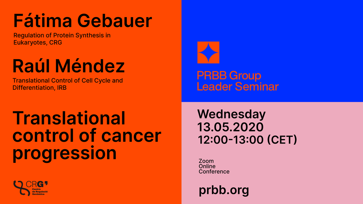 the_prbb's tweet photo. Tomorrow, our online #PRBBtalk is a joint seminar with Fátima Gebauer @CRGenomica and Raúl Méndez @IRBBarcelona - do not miss it!!!! #cancer progression
📅Wednesday 13th May, 12pm --> check the link to register here https://t.co/bKQk1xrgJp https://t.co/7BxyafbeKr