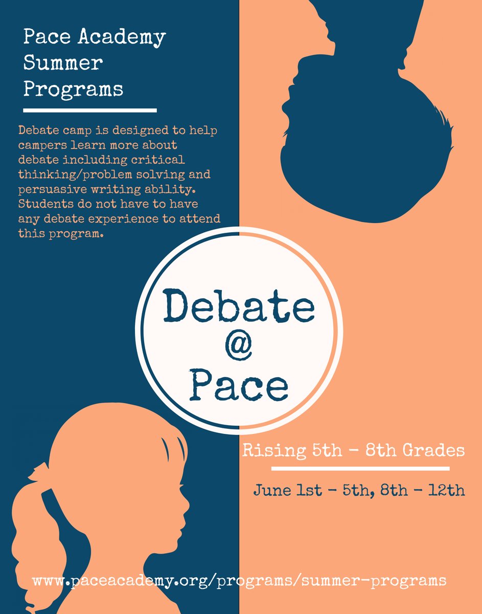 We are excited for our Debate camp in-person the weeks of June 1-5 and June 8-12! 

There are one week and two week sessions still available. More information and camper registration is available at  
paceacademy.org/programs/summe…