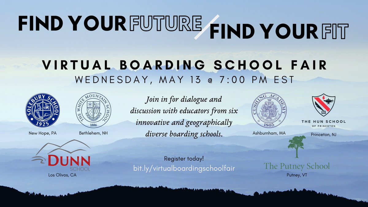 Join educators from six innovative and geographically diverse boarding schools at a virtual boarding school fair on May 13, at 7 p.m. Hope to "see" you there! bit.ly/virtualboardin…