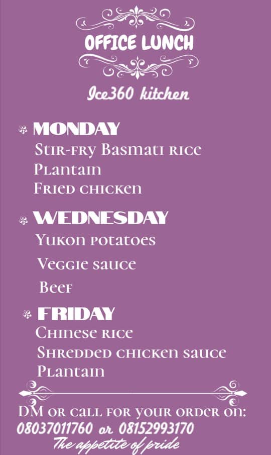 Ice360kitchen's tweet photo. Our menu for the week ππππ
@GhenhisKhan @Mazigburugburu1 @Dorcasakintund1 @AbdulMahmud01 @AnthonyEhilebo @I_Am_Ilemona @PrinceCBN #ICE360Kitchen is there for you always #ExcellentServiceDelivery #ExquisiteTaste https://t.co/3vTseFS8w0