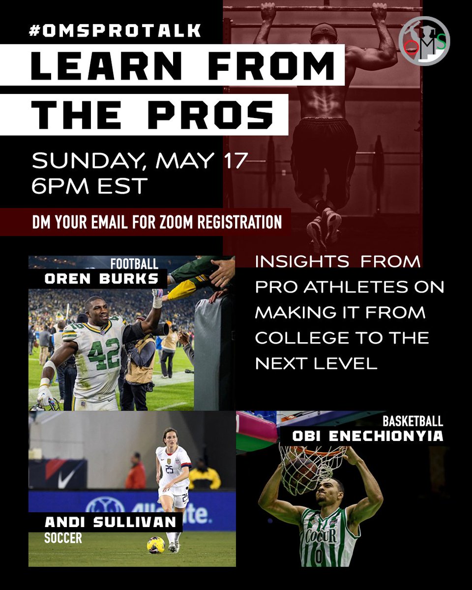 ItsOrderMySteps's tweet photo. Join #OMSLLC for π Learn From The Pros panel discussion. We break down the ins and outs of successfully transitioning to the next level. Topics
* Choosing Your Agent
* The Business of Being an Athlete
* Capitalizing on Your Platform
DM us for registration #omsProTalk #SportsBiz https://t.co/W46TZ8VAAs