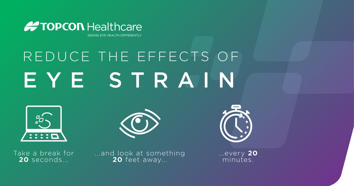 TopconHealth's tweet photo. Many of us spend a lot of time at the computer. This is a friendly reminder to give your eyes a rest! Every 20 minutes, look 20 feet away for 20 seconds. Taking steps to protect your eyes now can really pay off later! #Topcon #TopconHealth #TipTuesday #LoveYourEyes https://t.co/fUCXAkZDBY