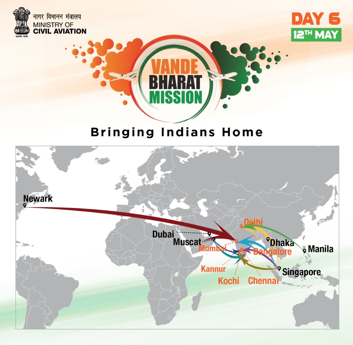 MoCA_GoI's tweet photo. Bring Indians home!
Day 6 of the prestigious #VandeBharat Mission will see stranded Indian citizens being brought home from Manila, London, Newark, Singapore, Dhaka, Dammam, Kuala Lumpur Muscat and Dubai. MOCA welcomes you back home.
#IndiaFightsCorona https://t.co/QpPZyR0Oq1