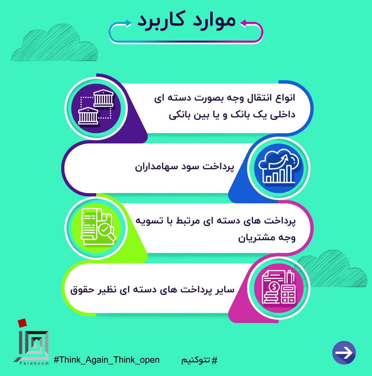 FaraboomHub's tweet photo. #سرویس #انتقال_وجه دسته ای برای #کارگزاری های #بورس که #عملیات #مالی گسترده داشته و دائماً در حال #تسویه با ذینفعان مختلف هستند.
#تتوکنیم https://t.co/cciJt3MUoN