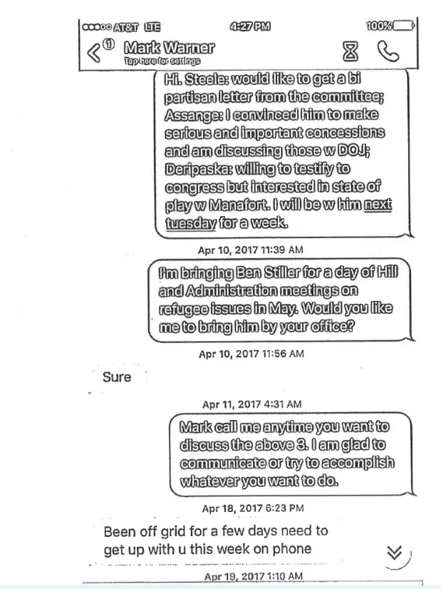 53. It’s almost like the Senate Intel Committee. lead by Warner, was working with Deripaska to bring the hammer down on Manafort. At the same time, he is also attempting to negotiate on behalf of Christopher Steele!