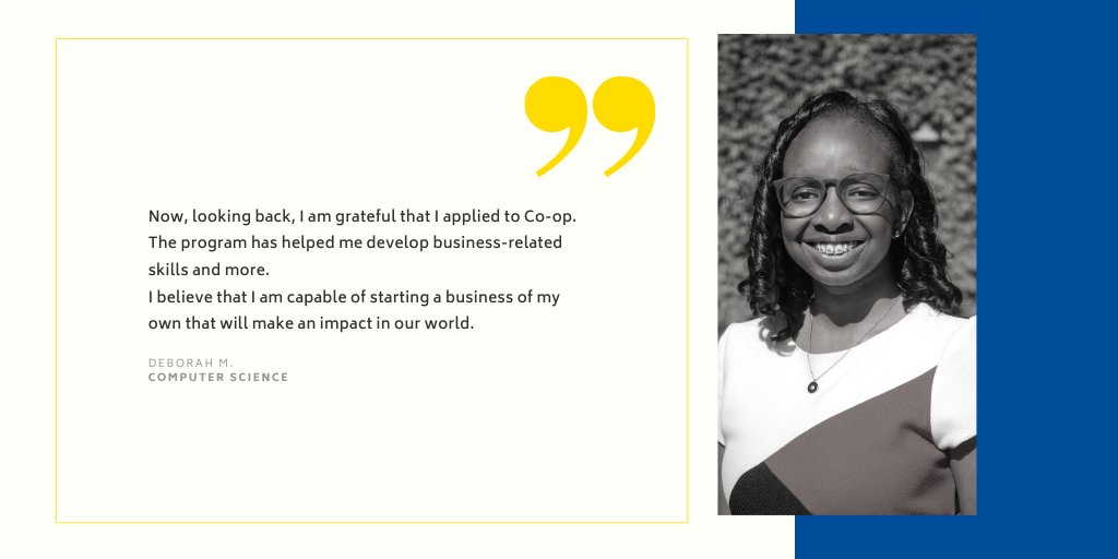 Ryerson Career &amp; Co-op Centre hosts 11 Co-op programs. This Spring, you can apply to be part of Co-op in your program from Fall 2020. Visit bit.ly/applytoCo-op to learn more. Here is Deborah’s Co-op story. 
(1/4)