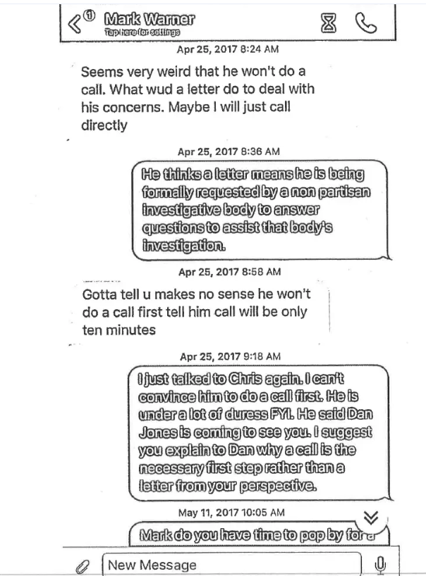 55. Warner continues to press to keep things OTR with Steele. He wants a call and information and doesn’t want a paper trail. (As an aside, why does he text like a 13 year old girl?)