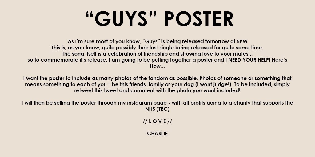 LUVTOGOTOPARIS's tweet photo. IMPORTANT ANNOUNCEMENT - “GUYS” POSTER
#the1975 #noacf https://t.co/01kwLSqbOa