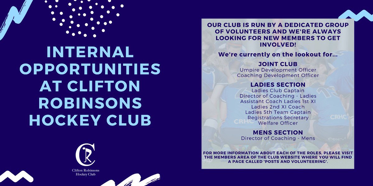 Our club is run by a dedicated group of volunteers which is always looking for new members to get involved, share the workload and bring fresh ideas to the table. There are a variety of open vacancies within the club, for more details follow this link  👉 crhc.clubbuzz.co.uk/members/posts_…