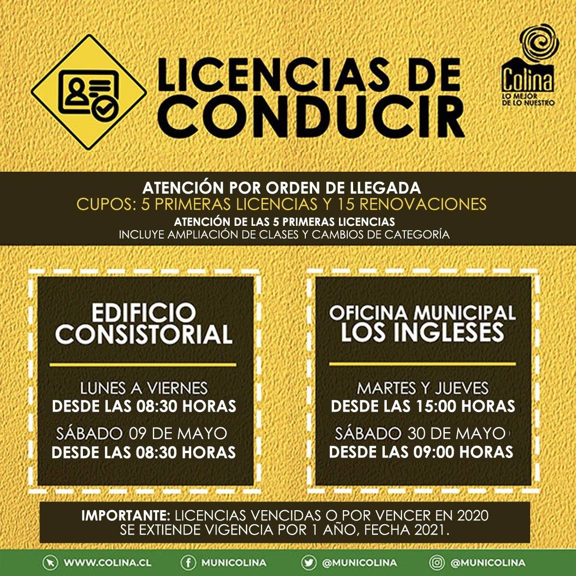 MuniColina's tweet photo. #ColinaInforma | Te dejamos el calendario de atención de licencias para este mes de mayo. Recuerda que se prorrogó la vigencia de las licencias de conducir que vencen en 2020 por un año más.
Para dar los exámenes es obligatorio el uso de mascarilla.
@mario_olavarria @MTTChile https://t.co/kJ958tCM1X