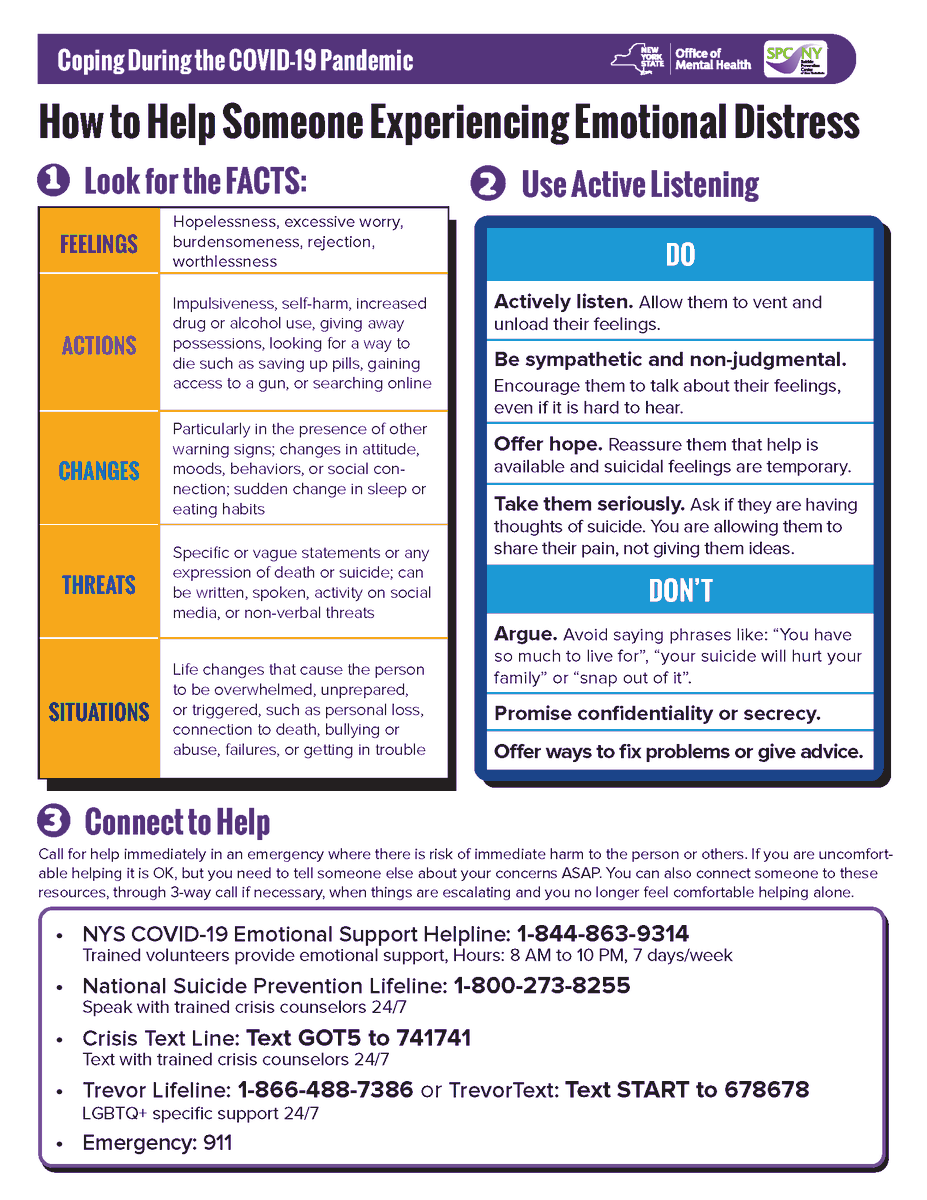 In honor of Mental Health Awareness Month, here are some tips for helping someone who is experiencing emotional distress from the <a href="/NYSOMH/">NYS Office of Mental Health</a>.  
preventsuicideny.org/wp-content/upl…
The NYS Office of Mental Health at 1-844-863-9314.
#MentalHealthAwareness #NotAlone