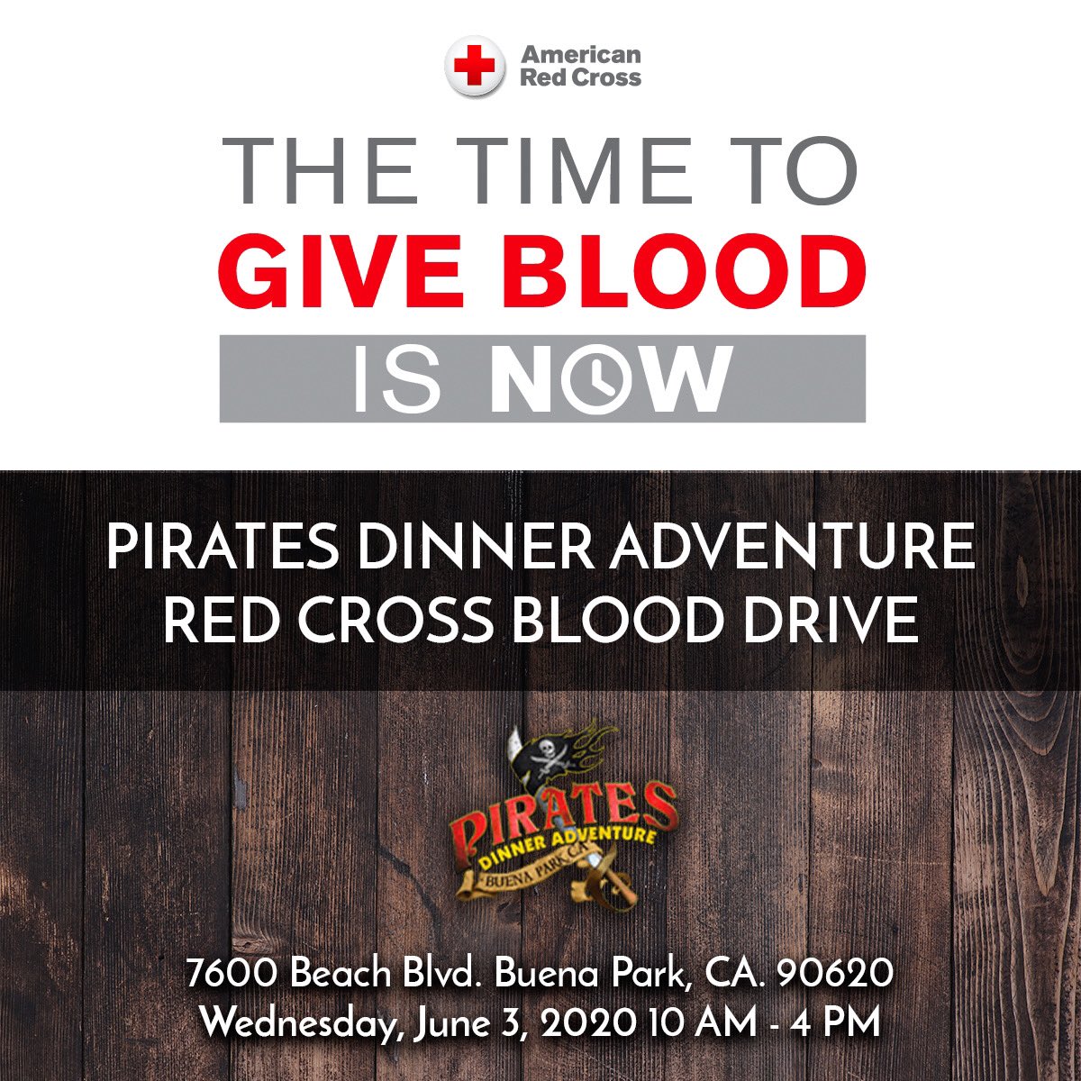 PirateDinnerCA's tweet photo. We are excited to announce our collaboration with The American Red Cross. With the health crisis going on we all need to do what we can to give back to those in need. We are hosting a blood drive here at Pirates Dinner Adventure. Appointments must be made in advance. https://t.co/qDyCeRfYa0