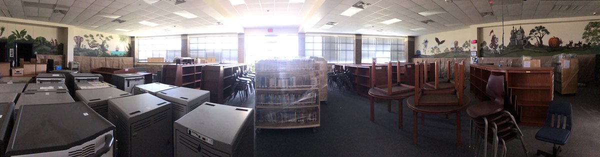 The library is all packed up for new carpet.