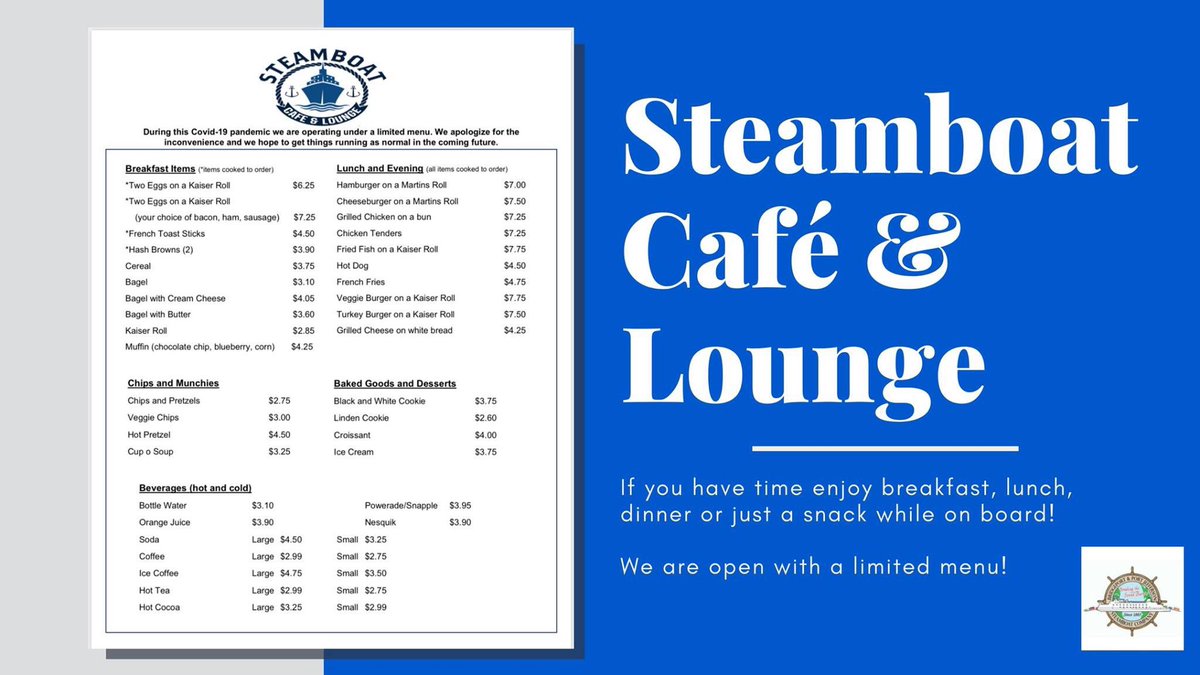 During your transit, please know that the #Café is open for business with a limited #menu. 

As always, we are taking every precaution to #stopthespread while helping you to enjoy the voyage across the sound! 

#portjefferson #portjeffferry #openforbusinessLI #OpenforbusinessCt