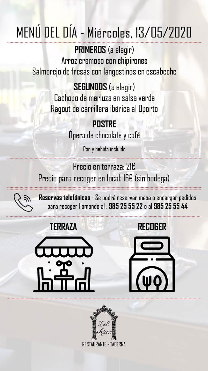 Ya estamos abiertos (Lu-Do) para comidas y cenas, así como pedidos para llevar. 
Info en nuestra web. Reservas o encargos llamando al 985255522 ó 985255544.
#DelArcoOviedo #GastronomiaOviedo  #RestauranteOviedo #RestauranteAsturias #copeasturiasconlahosteleria #MenuenOviedo
