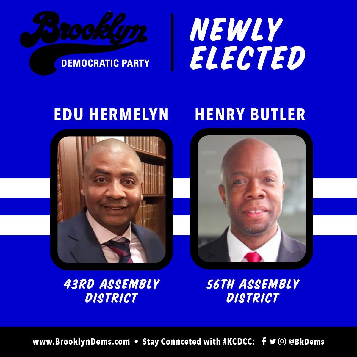 bkdems's tweet photo. The #BKDems Announces Newly Elected Members of the Executive Committee: @Edu_Hermelyn succeeds @GeoffreyADavis in the 43rd AD #CrownHeights & #HenryButler succeeds @RCornegyJr in the 56th AD #BedStuy #Brooklyn Read more: https://t.co/frMxxjX4Lz #KCDCC #DistrictLeader https://t.co/N1mg7U85U9