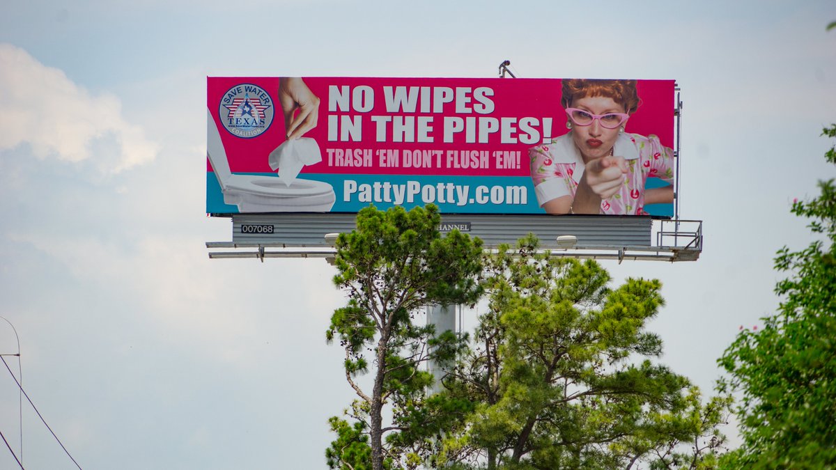 nowipes's tweet photo. Have you seen my billboards in northwest Houston and in Katy, Texas? – Don’t forget #NoWipes!😍Want a branded Patty Potty billboard or 30 second commercial for your water organization or business? Contact my super talented team at https://t.co/S2LDirHowf!  @SaveWaterTX @txntwk https://t.co/7rRoBV2xf3