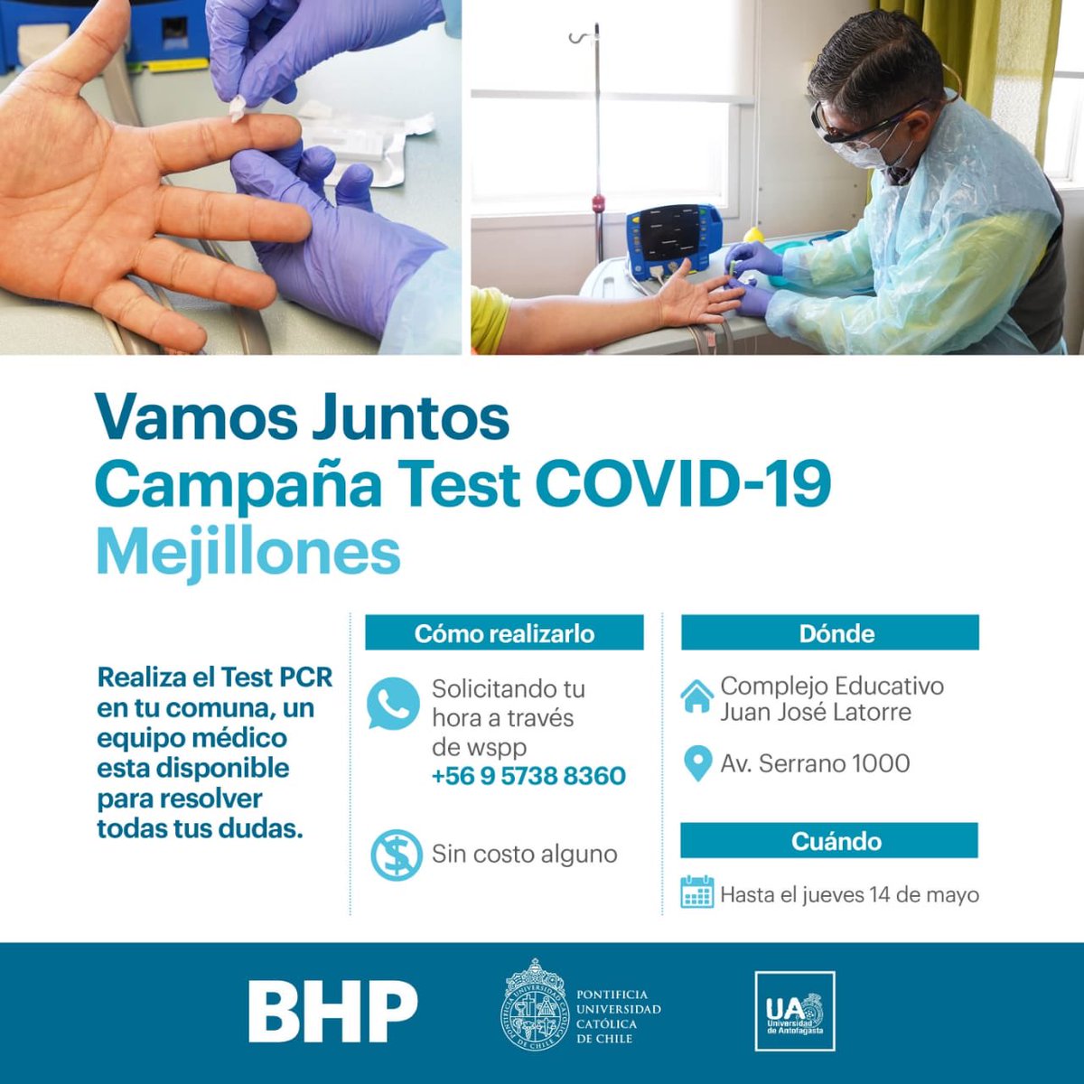 Hasta el 14 de mayo se continuarán realizando test gratuitos para la detención temprana del Covid-19 en el Complejo Educativo Juan José Latorre de #Mejillones. La iniciativa es impulsada por BHP en conjunto con la UC y la UA en coordinación con la Seremi de Salud 👇🏻