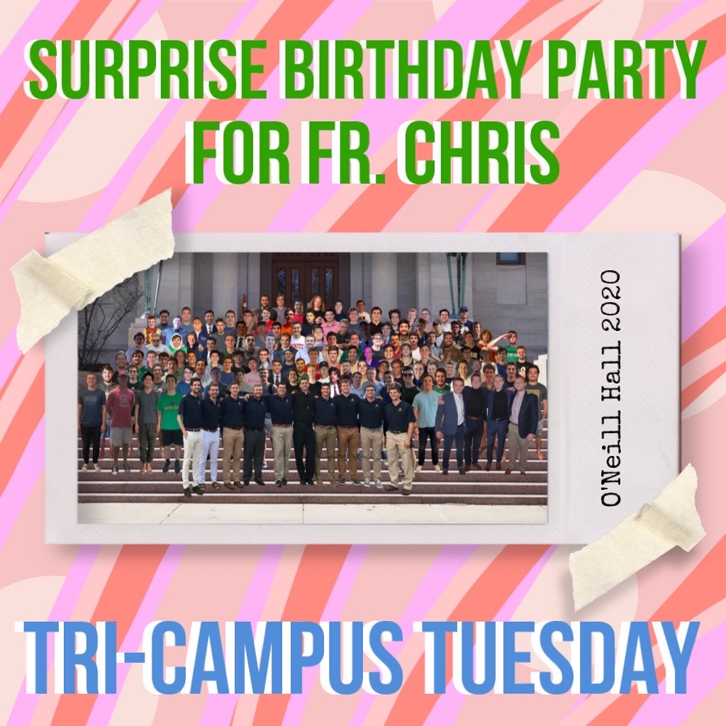 NDSMCObserver's tweet photo. Today’s #TriCampusTuesday features a birthday surprise that was organized by the men of O’Neill Hall for their rector, Fr. Christopher Rehagen.

The residents of this hall decided that distance would not be an impediment in their quest to celebrate Fr. Chris’s birthday on May 5. https://t.co/w5dNqNYqUG