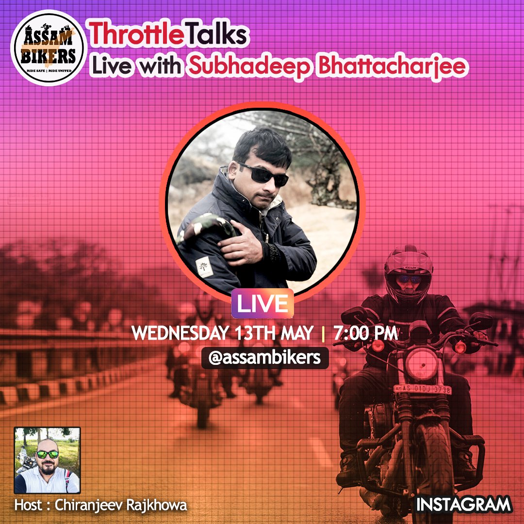AssamBikers's tweet photo. Catch us LIVE for the first time on Instagram! ThrottleTalks with @subhadeep
#ThrottleTalks #AssamBikers #Live https://t.co/GGvHHnBVEW