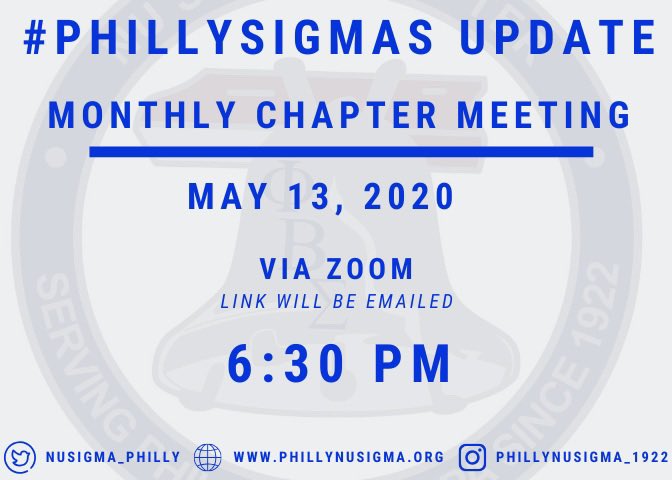 NuSigma_Philly's tweet photo. Join us for our May Chapter meeting! Details sent via email. #PhillySigmas https://t.co/Z43qH2FQJI