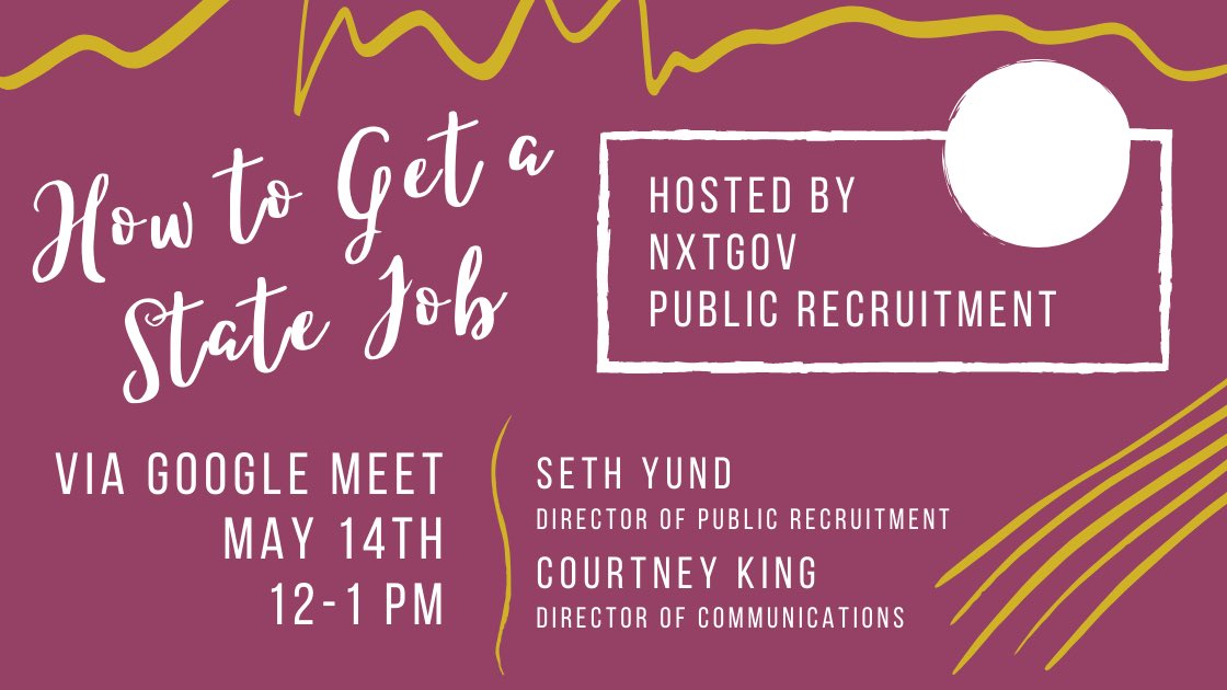 nxtgovca's tweet photo. Join us for an informational session on the state application process and get your questions answered!
When: Thur., May 14th, 12-1 PM
Where: Google Meet https://t.co/IZQfIVjxmA
#careers #civilservice #publicsector #jobseekers #california #nxtgov https://t.co/5by9c9VCLc