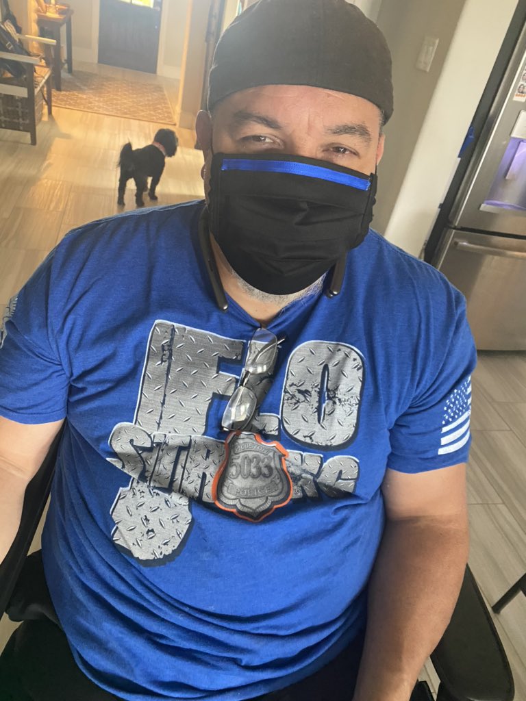 HouPDwifeSheri's tweet photo. @SylvesterTurner doing our part...even the puppy is engaging in social distancing! Officer Cortez would like to NOT get infected, so pls #MaskUp #RonnyStrong https://t.co/GkF7y0HmjV