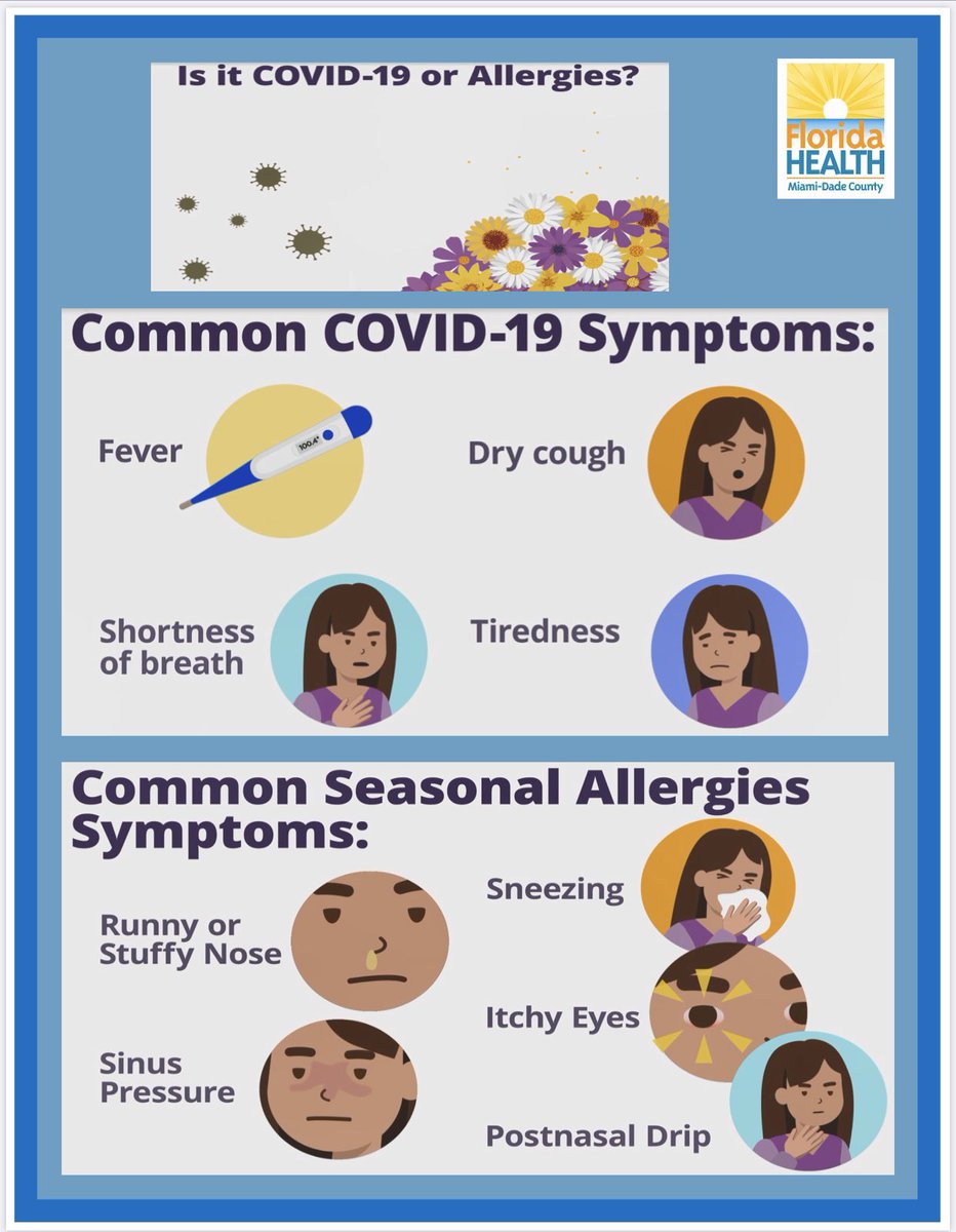 JoeMartinez4026's tweet image. Take a look at this info-graph from The Florida Department of Health on how to differentiate between common seasonal allergies and COVID-19 symptoms. #COVID19 #StayHealthy #HowToTell @HealthyFla
