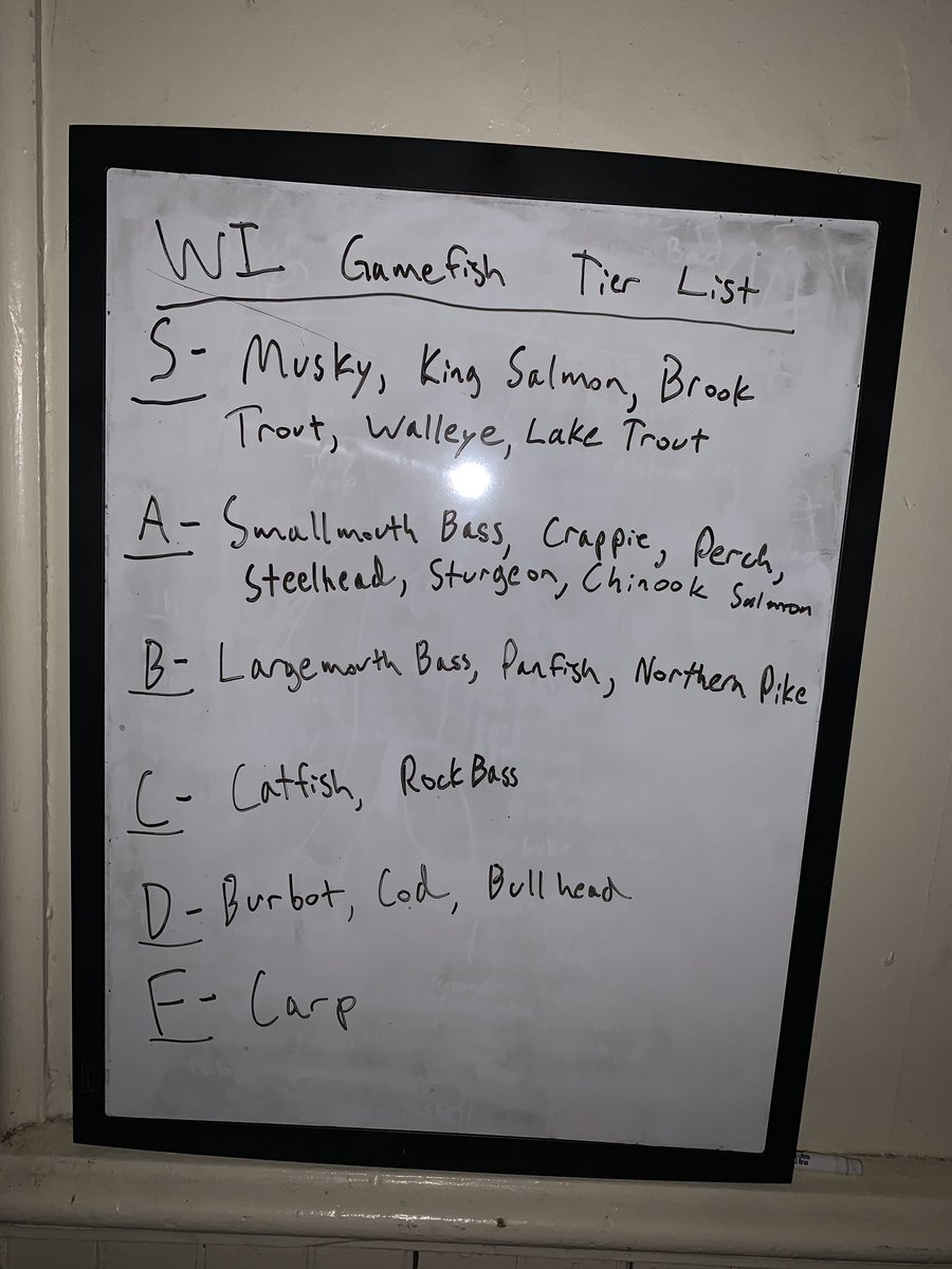 ProellLuke's tweet photo. Wisconsin fish tier list that my roommate @Andy_Yoder_  made... thoughts?? https://t.co/Rz877jLnnY