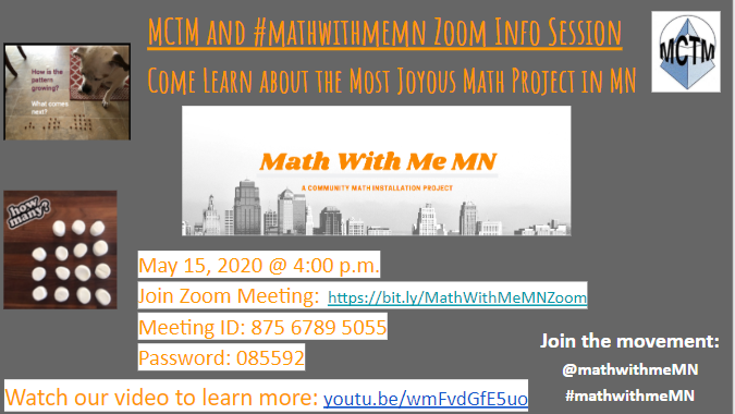 mctm_mn's tweet photo. Don't forget we have a informational zoom about @mathwithmeMN today at 4:00 p.m. 
Join Zoom Meeting:  https://t.co/ZkOfdzfmDz
Meeting ID: 875 6789 5055
Password: 085592
https://t.co/UECWtYv8sM Join the movement https://t.co/rIkYvQFuv8