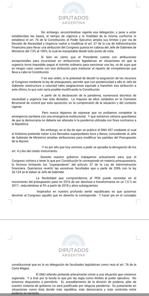 Acabo de presentar un proyecto de ley para derogar los artículos 4 y 6 del DNU 457/2020, ya que significa el regreso de los #Superpoderes del Jefe de Gabinete para modificar el Presupuesto a su antojo. Me acompañan <a href="/gustamenna/">Gustavo Menna</a> y <a href="/alfredocornejo/">Alfredo Cornejo</a>
Abro hilo: