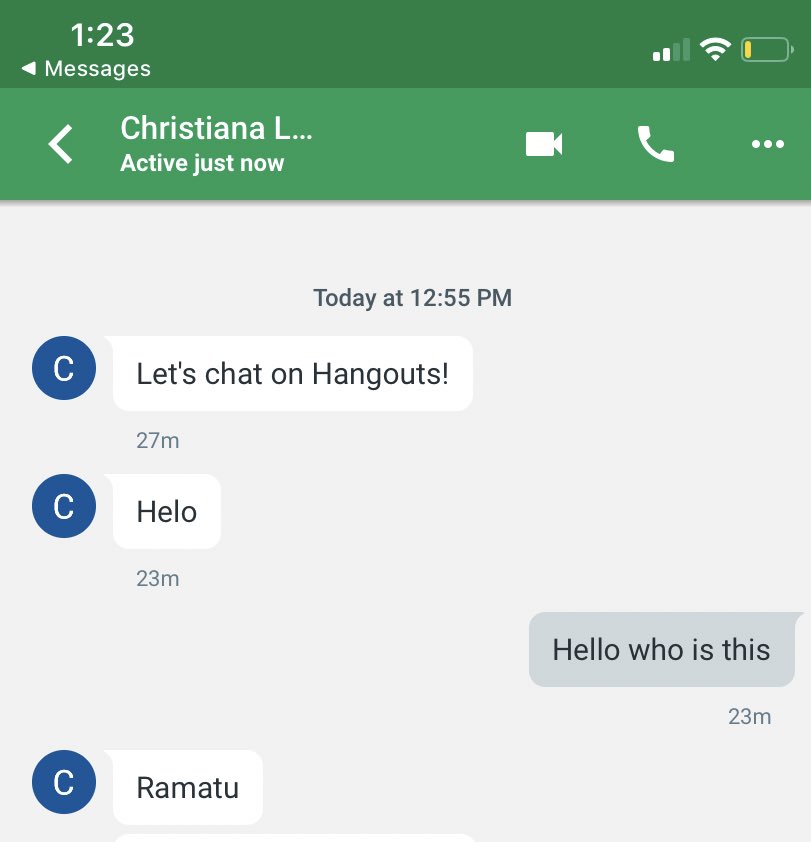 She was AlSO using an email for google hangout with a name of “christiana lee” YET she then says it’s “ramatu”. Come on really?