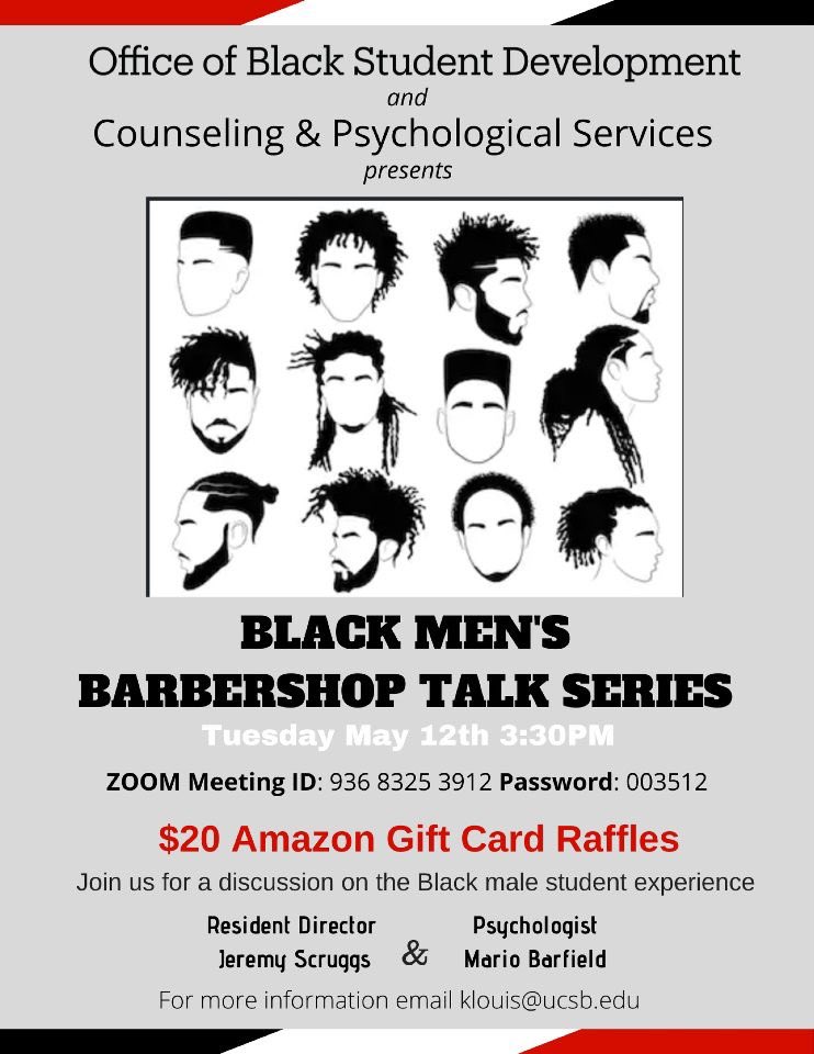 blackatsb's tweet photo. Be sure to come to today’s Barbershop Talk Series to continue the discussion on the Black male student experience and (also❗️) have a chance in winning a $20 Amazon gift card 💈 https://t.co/9pZWxOulgI