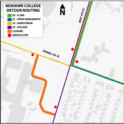 hsr's tweet photo. #HSRAlert: #HSR20 #HSR21 #HSR33 #HSR35 will be on detour in the Mohawk College Terminal area starting this Friday (May 15) at 5 am until Friday May 29 at 12 pm due to construction on the terminal. Details: https://t.co/pwZoPIFkxt