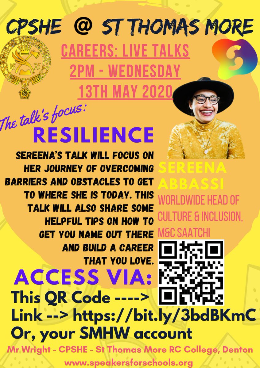 Tune in at 2pm on Weds to meet @sereenaabbassi who is the Worldwide Head of Culture & Inclusion, M&C Saatchi.

Sereena’s talk will focus on her journey of overcoming barriers and obstacles to get to where she is today. Check your SMHW for further details #careers #remotelearning