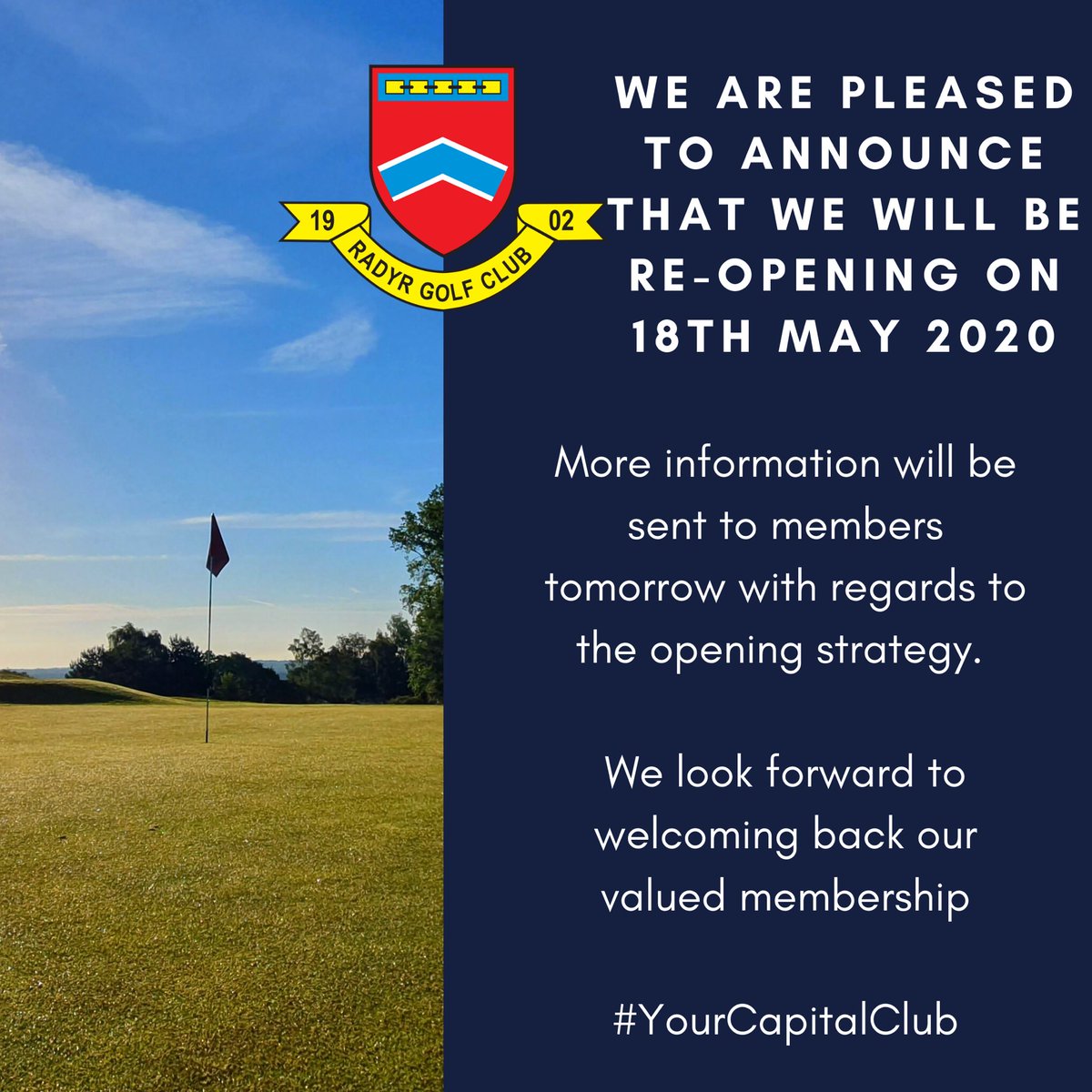 Some good news for our members following the announcement by @wales_golf which can be found here ⬇️ walesgolf.org/covid-19/ Details of the reopening strategy will be sent to all members via email tomorrow. #YourCapitalClub