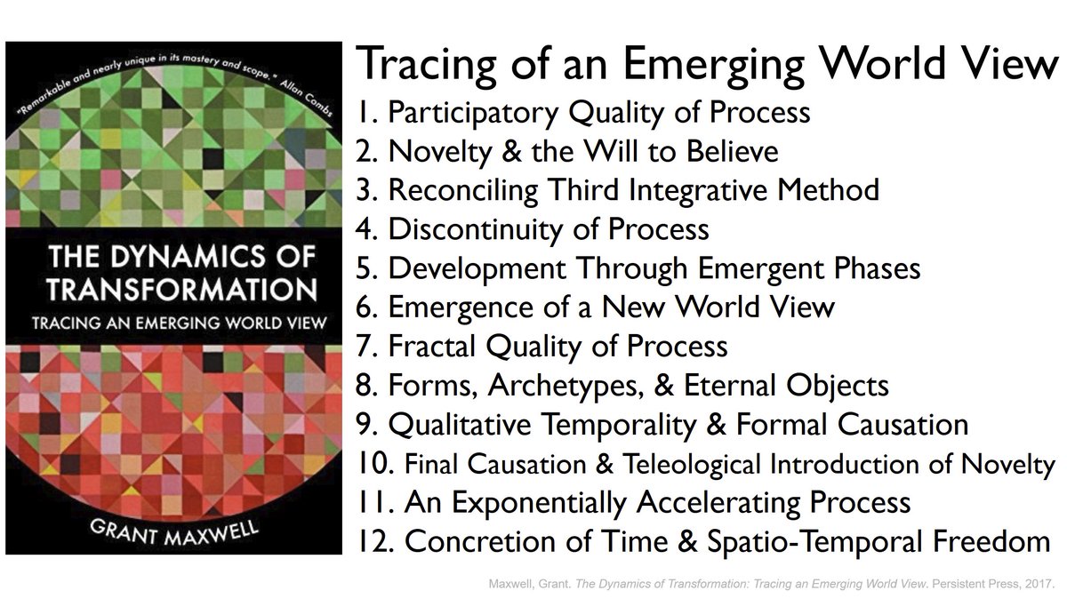 6/  @grantmaxwell is a philosopher who traced the evolution process thinking ranging from Hegel, James, Jung, Whitehead, Bergson, Gebser, Bohm, Taylor, Hillman, Grof, & Tarnas in his "Dynamics of Transformation," which starts to flesh out a paradigm shift. https://www.amazon.com/Dynamics-Transformation-Tracing-Emerging-World/dp/0692810358