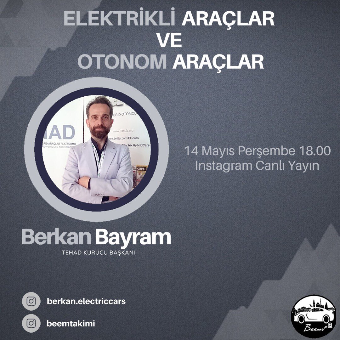 Türkiye elektrikli ve hibrit araçlar platformunun kurucusu Berkan Bayram ile 14.05 perşembe günü ınstagram üzerinden canlı yayındayız 😊 elektrikli araçların geleceği ve teknolojisi hakkında soru cevap ve söyleşi için sizde bize katılın.<a href="/bozokedutr/">Yozgat Bozok Üniversitesi (YOBÜ)</a> <a href="/teknofestist/">teknofestist</a> <a href="/ProfAKaradag/">Prof. Dr. Ahmet Karadağ</a>