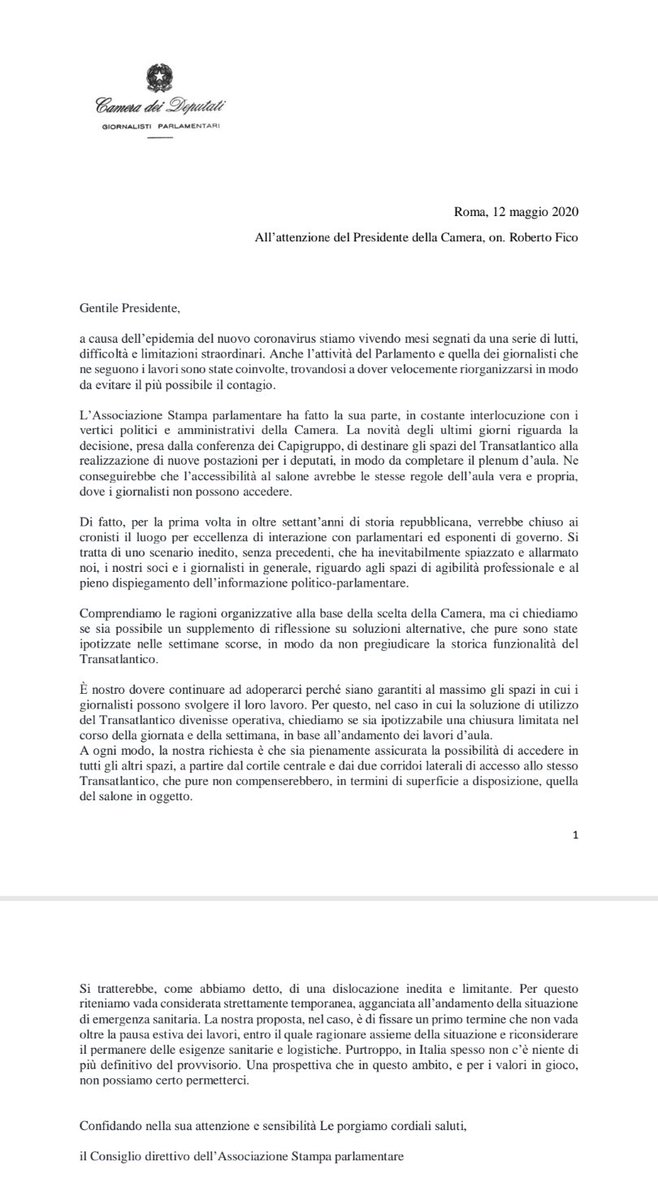 La chiusura del Transatlantico è inedita e allarmante. La Camera faccia un supplemento di riflessione e comunque sia una misura assolutamente temporanea. Ecco la lettera dell’Asp al presidente Roberto Fico