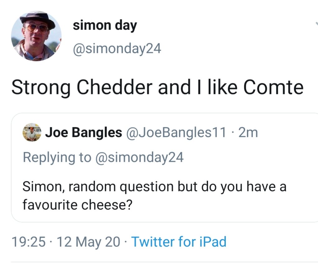 Thank you  @MikeCoppinger,  @eliistender10,  @KatyFBrand and  @simonday24 for your replies and cheese choices!Amazed at some many icons from so many art forms giving me the time of day but I'm humbled by the responsesThank you all 