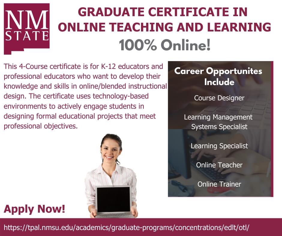 NMSUEDLT's tweet photo. This 4-Course certificate is for K-12 educators and professional educators who want to develop their knowledge and skills in online/blended instructional design.

Apply Here: https://t.co/muLq7XgTz6 

#education I #NMSU I #NewMexicoStateUniversity #Teaching I #teachers I #edtech https://t.co/ANvihC3QNA