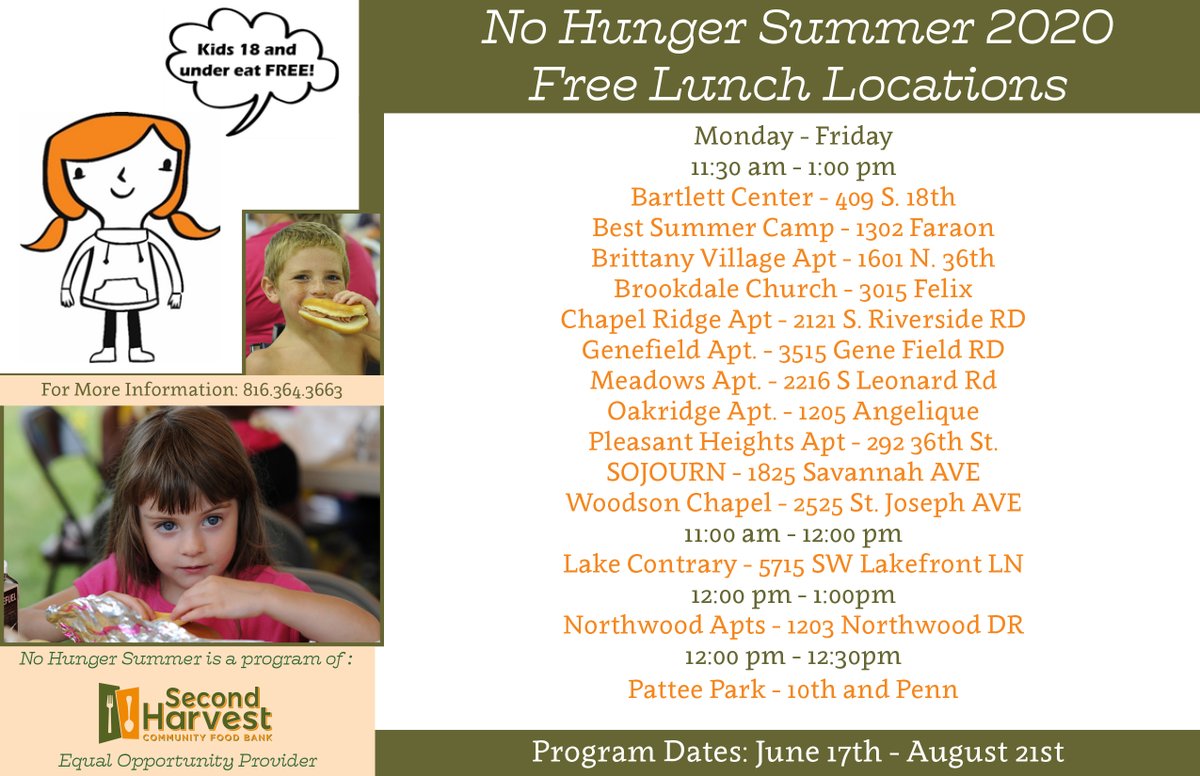 Our district partner, <a href="/Second_Harvest/">Second Harvest</a>, has released this year's schedule for No Hunger Summer. The times and locations are listed below. Learn more about the summer meal program at this link: bit.ly/2WolD1u